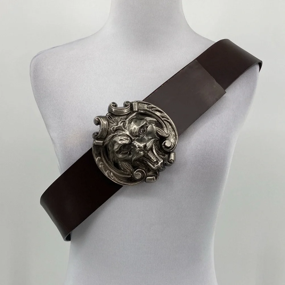 Vintage J.S.S. Elche Belt Face Brown Silver Leather‎ Large Metal Buckle Dragon
